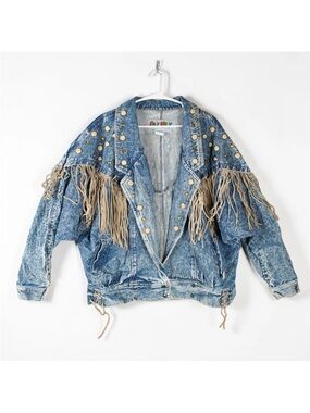 Vintage EAST WEST Acid Washed Loose Fit Denim Jacket Womens Size Large Fringe
